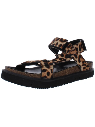 All Black Jungle Lowform Womens Leather Leopard Print Platform Sandals In Black