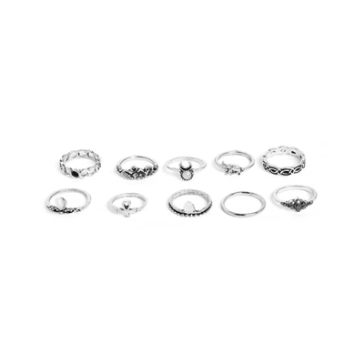 Sohi Set Of 10 Oxidized Silver-toned White Adjustable Finger Rings