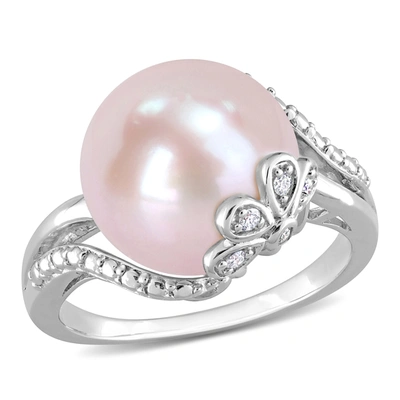 Mimi & Max 12-12.5mm Button-shaped Pink Freshwater Cultured Pearl And Diamond Accent Flower Split-shank Ring In