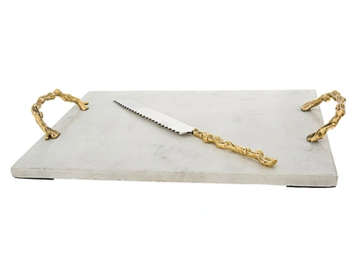 Classic Touch Decor White Marble Challah Tray With Wooden Design Handles