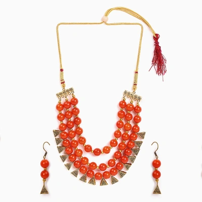 Sohi 3 Layered Gold-plated Beaded Loop Jewellery Set In Red