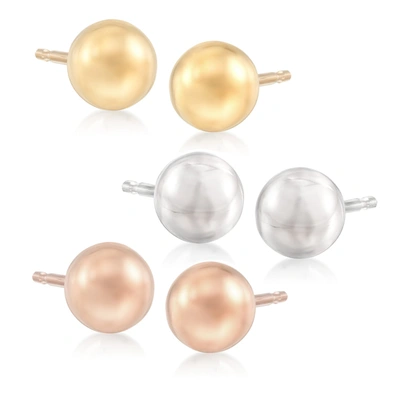 Ross-simons Tri-colored Gold Jewelry Set: 3 Pairs Of 6mm Ball Stud Earrings In Black