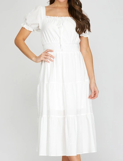 She + Sky Fitted Waist Solid Midi Dress In White