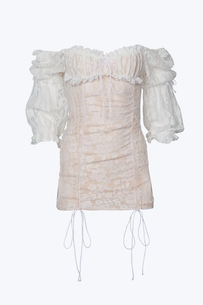 Sun Imperial Vintage Ruched Lace Tulle Mini Dress In White In Beige
