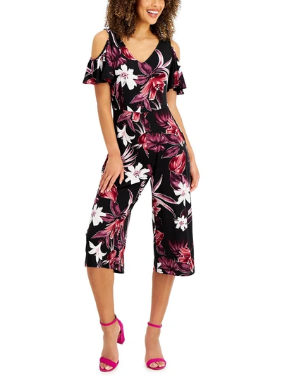 Connected Apparel Petites Womens V Neck Floral Jumpsuit In Pink