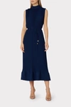 MILLY MELINA SOLID PLEATED MIDI DRESS IN NAVY