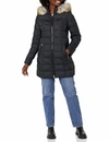 Laundry By Shelli Segal Women's Stretch 3/4 Puffer Jacket With Faux Fur Striped Hood In Black In Black