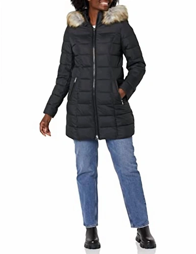 Laundry By Shelli Segal Women's Stretch 3/4 Puffer Jacket With Faux Fur Striped Hood In Black