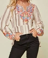 SAVANNA JANE CLASSIC EMBROIDERED BABY DOLL BLOUSE IN BEIGE/MOCHA