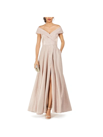 Xscape Petites Womens Off-the-shoulder Glitter Evening Dress In Blush Pink,silver