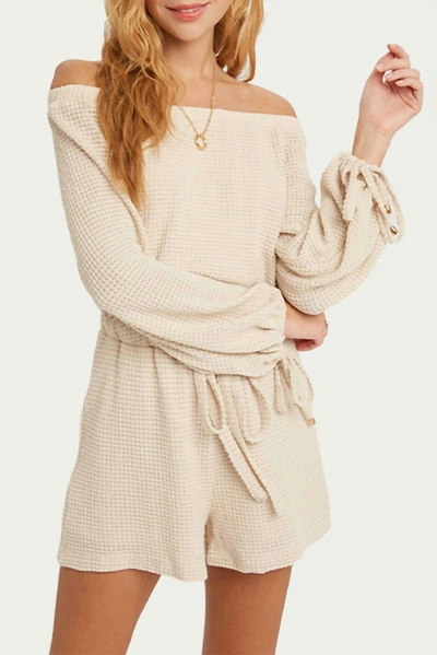 BLUIVY WAFFLE-KNIT OFF-THE SHOULDER ROMPER IN OATMEAL