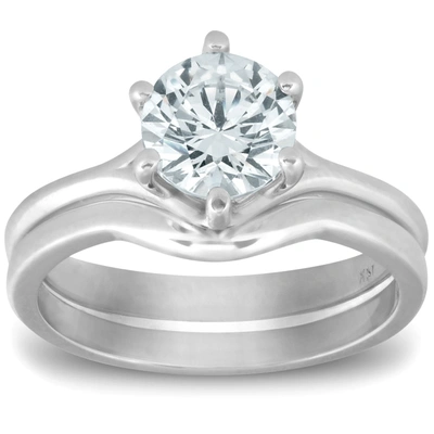 Pompeii3 1 Ct Round Diamond Engagement Ring Wedding Plain Band Set 14k White Gold In Multi