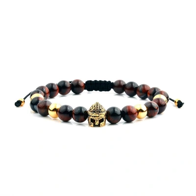 Crucible Jewelry Crucible Los Angeles Red Tiger Eye And Gold Stainless Steel Spartan Helmet Bead Adjustable Bracelet In Black
