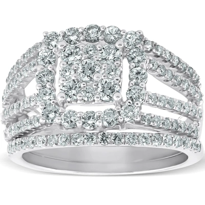 Pompeii3 1 5/8 Ct Diamond Cushion Halo Engagement Ring Wedding Band Set 10k White Gold In Multi