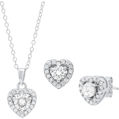 Max + Stone Sterling Silver Cubic Zirconia Heart 4mm Earrings And 5mm Pendant Set