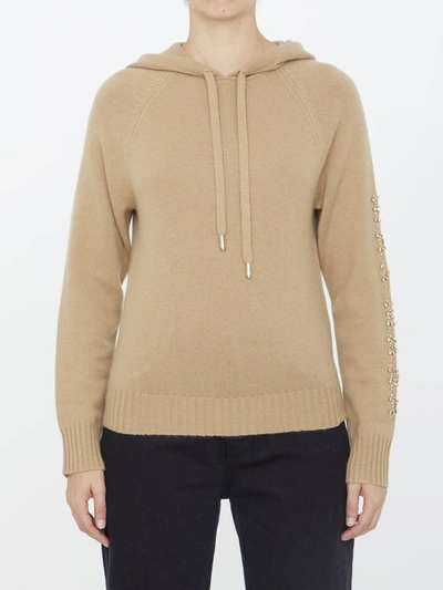 Max Mara Hooded Sweatshirt With Drawstring And Embellished Sleeves In Brown