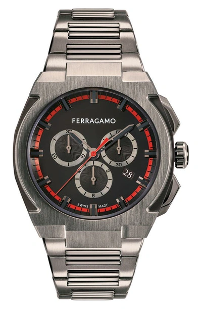 Ferragamo Men's 43mm Supreme Chrono Watch With Bracelet Strap, Gunmetal In Red