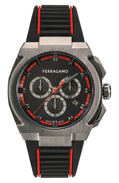 Ferragamo Men's 43mm Supreme Chrono Watch With Polyurethane Strap, Gunmetal In Ip Black/black/red