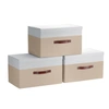 Ornavo Home Foldable Linen Large Storage Bin With Leather Handles And Lid - Set Of 3