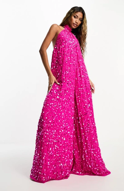 strapless open back dress Asos Edition Embellished Gathered Waist Midi Dress In Pink main image 1