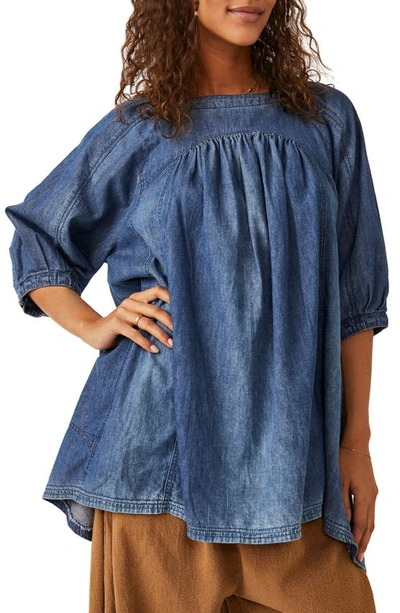 Free People Memories Of You Chambray Top In Blue Ribbon