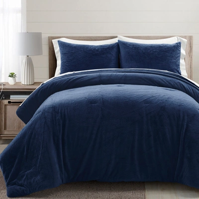 Lush Decor Modern Solid Ultra Soft Faux Fur Comforter Navy 7pc Set King