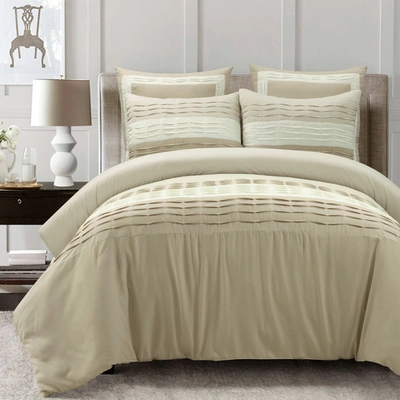Lush Decor Mia Solid Pleated Color Block With Euro Shams Comforter Neutral 5pc Set King