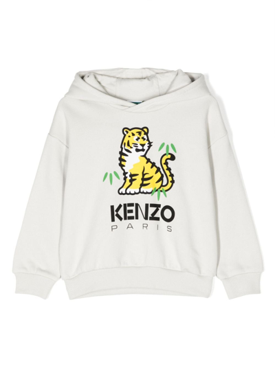 Kenzo Kids' Tiger-print Cotton Hoodie In Grey
