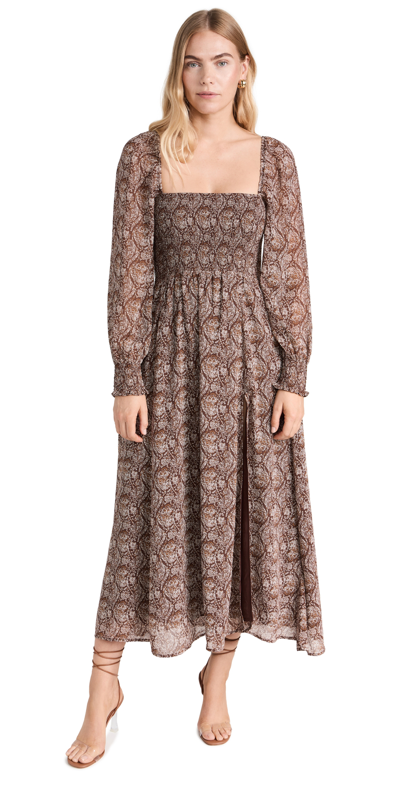 Opt Classic Smocked Dress In Brown Paisley