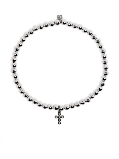 Sydney Evan 14kt White Gold Cross Charm Beaded Bracelet In Silver