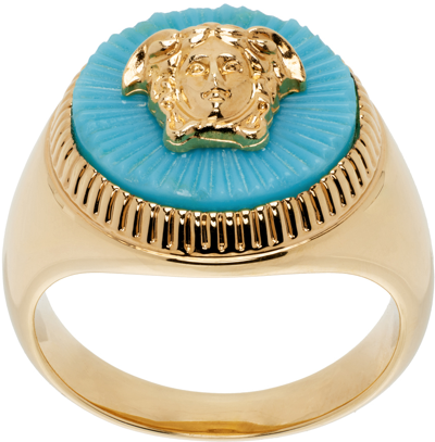 Versace Gold & Blue Medusa Biggie Ring In 4jhi0- Gold-t