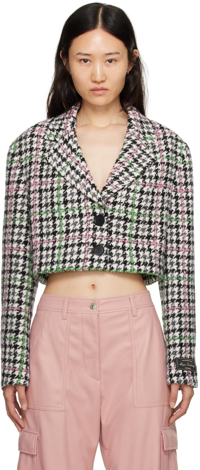 Msgm Cropped Houndstooth Single-breasted Blazer In Grey