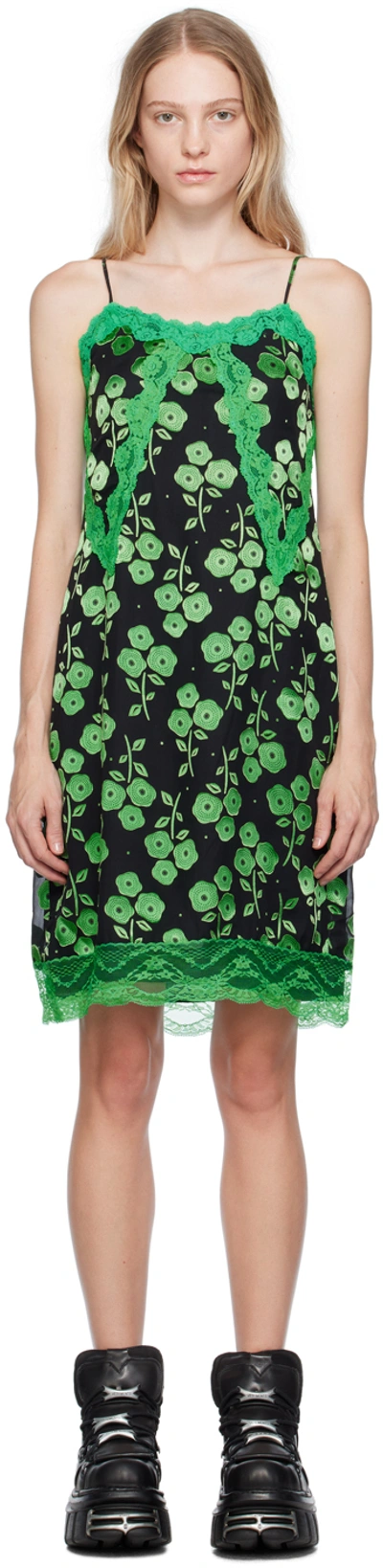 Anna Sui Black & Green Stitched Poppies Midi Dress In Black/clover