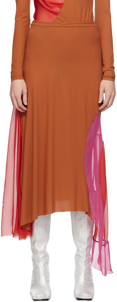 Paula Canovas Del Vas Pink & Tan Paneled Midi Skirt In Pink & Terrracotta