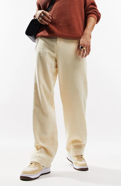 Asos Design Smart Wide Wool Mix Pants In Stone Puppytooth-neutral