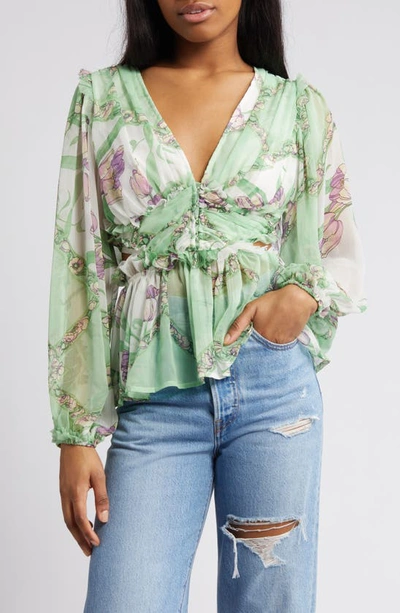 Asos Design Sheer Blouse With Pleated Waist & Cut Out Back In Ditsy Floral-multi