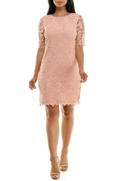 Nina Leonard Jewel Neck Lace Dress In Blush