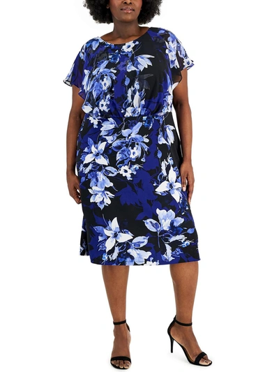 Connected Apparel Plus Womens Floral Print Mid Calf Midi Dress In Blue
