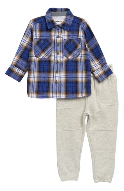 Sovereign Code Babies' Arin Edge Plaid Button-up Shirt & Sweatpants Set In Blue/ Gold Plaid/ Oatmeal