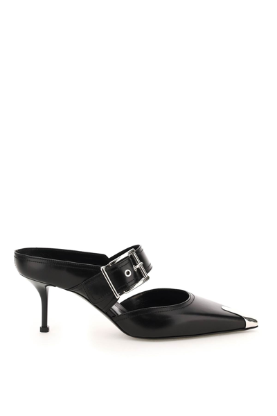 Alexander Mcqueen Leather Punk Buckle Mules 40 In Black