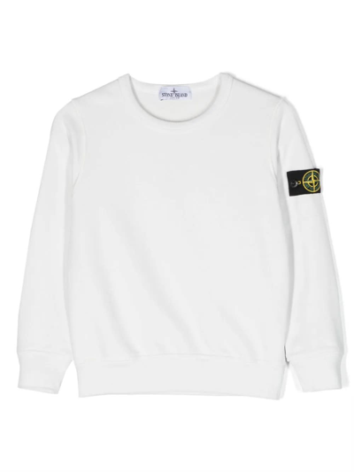 Stone Island Junior Kids' White Crew Neck Sweatshirt With Logo Badge In Ivory