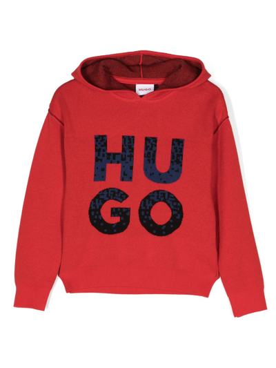 Hugo Kids' Logo-print Long-sleeved Hoodie In Red