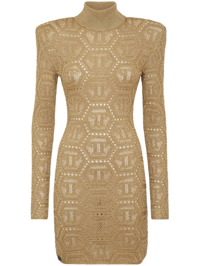 Philipp Plein Monogram-pattern Crochet-knit Minidress In Gold