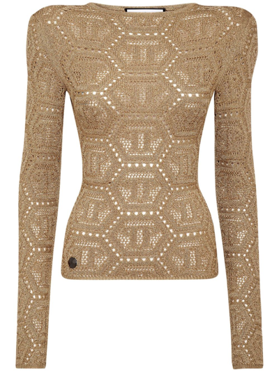 Philipp Plein Logo-embroidered Knitted Top In Gold