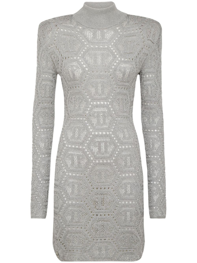 Philipp Plein Monogram-pattern Crochet-knit Minidress In Grey