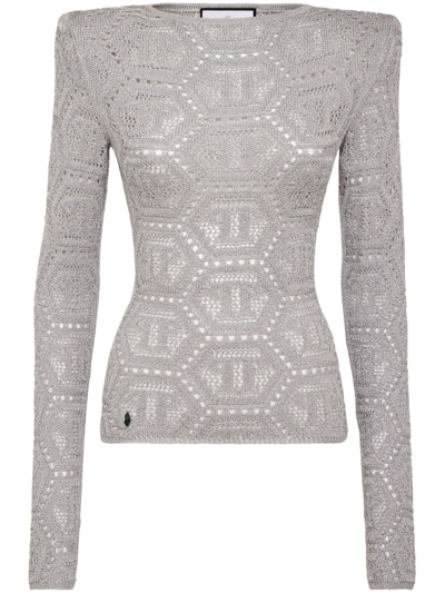 Philipp Plein Logo-embroidered Knitted Top In Grey