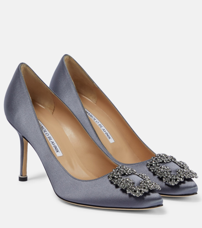Manolo Blahnik Hangisi 90 Embellished Glittered Satin Pumps In Grey