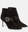 Manolo Blahnik Plinianu 90 Crystal-embellished Satin-trimmed Suede Ankle Boots In Black