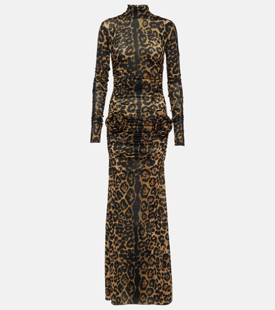 Blumarine Leopard-print Floral-appliqué Maxi Dress In Multicolor