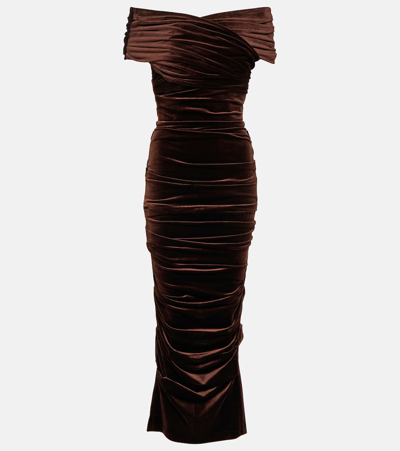 Alex Perry Layne Off-the-shoulder Velvet Midi Dress In Brown